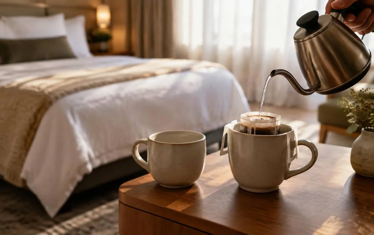 Drip Bags sur la table de chevet d'un hôtel-boutique