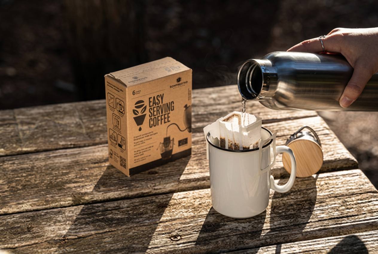 Titanium camping mug with drip coffee on a mountain summit at sunrise