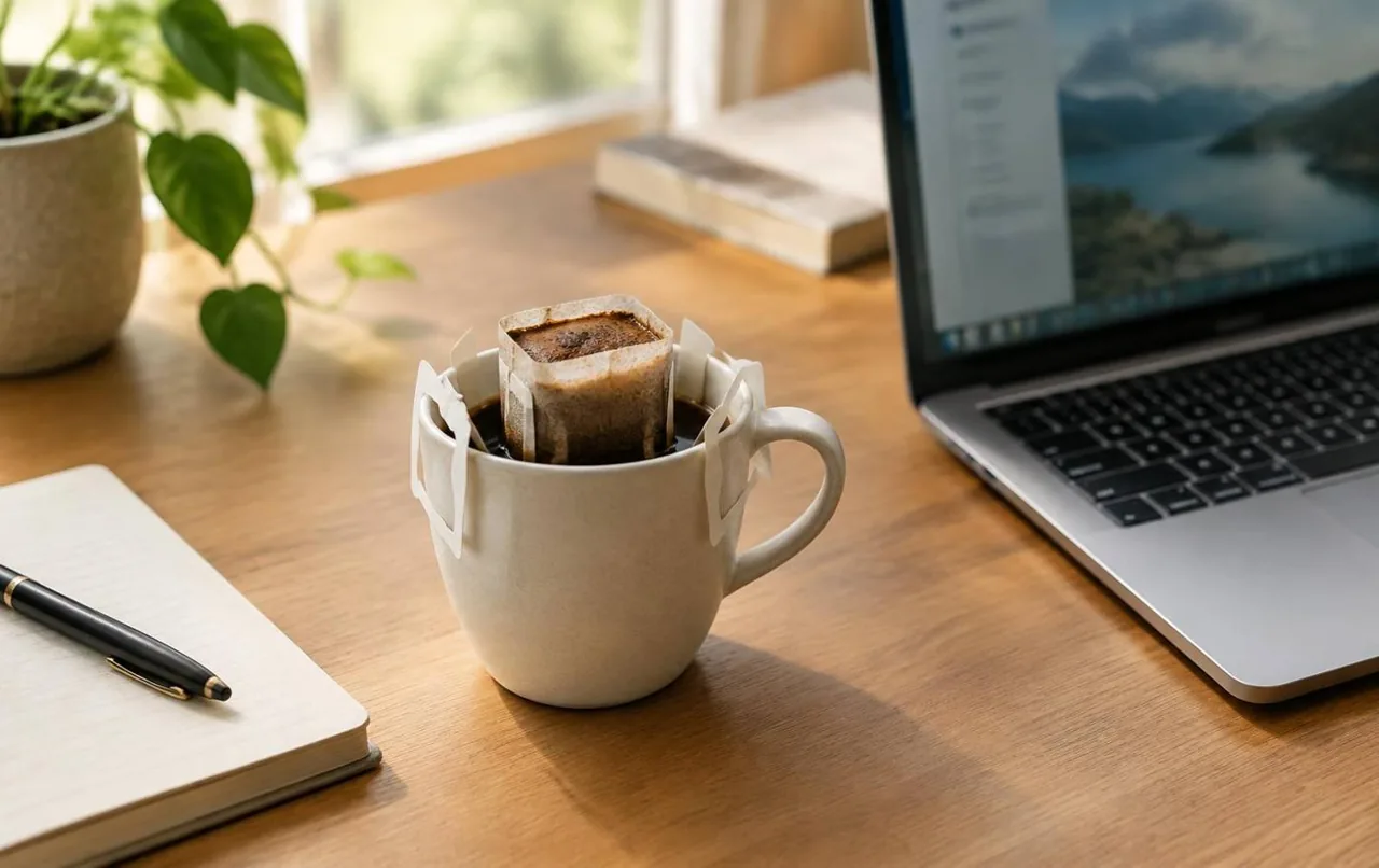 Café Drip Bag sur un bureau en bois à côté d'un ordinateur portable